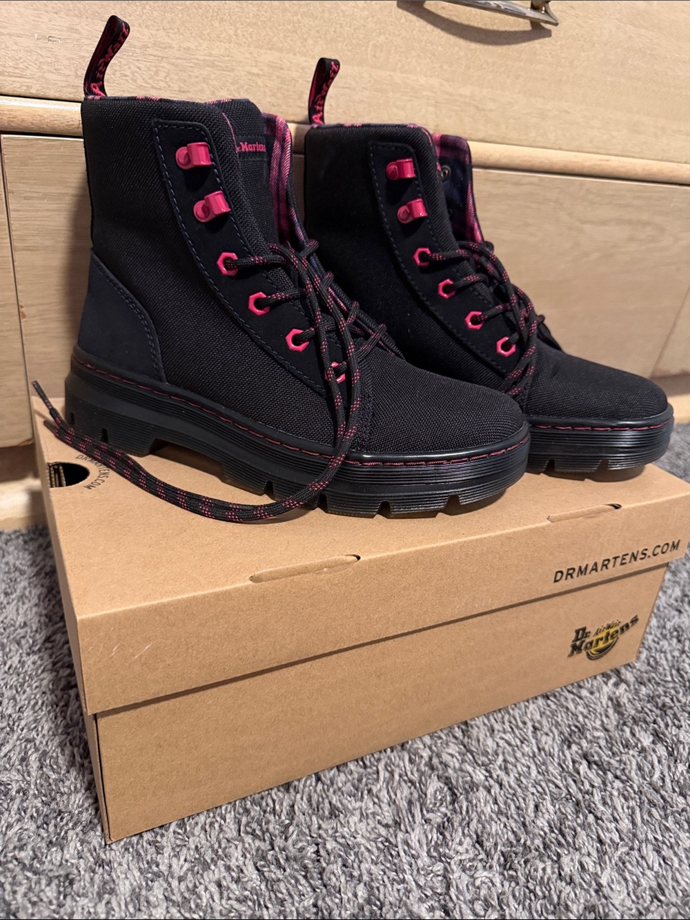Dr. Martens Black Canvas Boots with Pink Hardware
